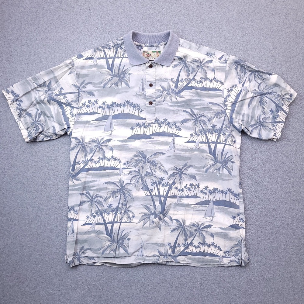 vtg Tori Richard Polo Shirt Large Hawaiian Sailboat Palm Island Allover Mens